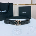 CHANEL DOUBLE C BELT 38MM IN BLACK QUILTED LAMBSKIN WITH BLACK AND BEIGE LEOPARD PRINT BUCKLE