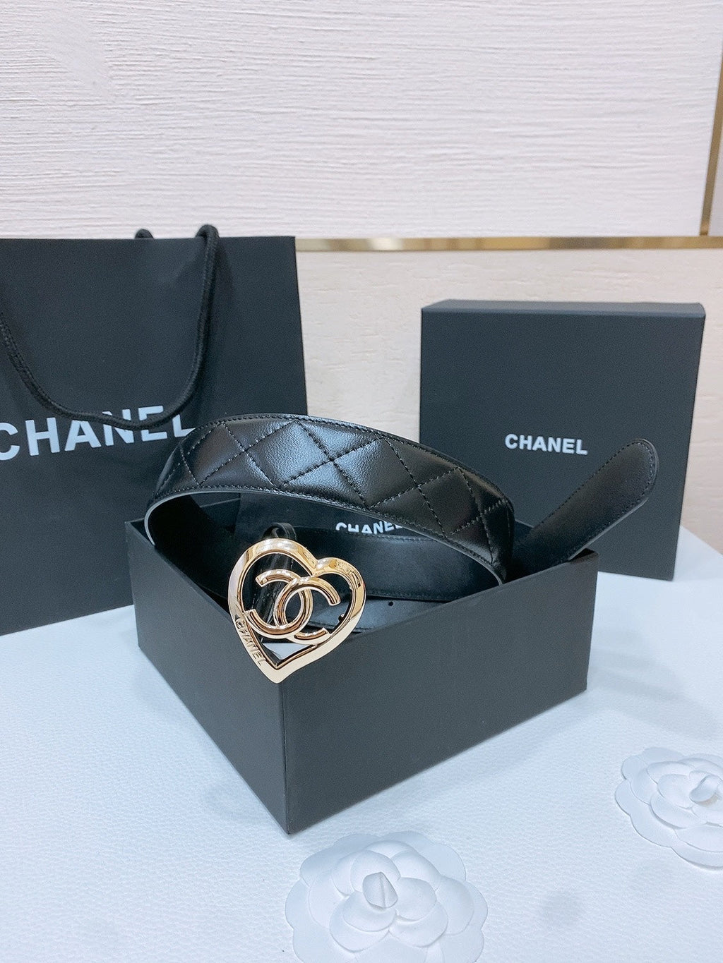 CHANEL DOUBLE C 38MM IN BLACK QUILTED LAMBSKIN GOLD HEART BUCKLE