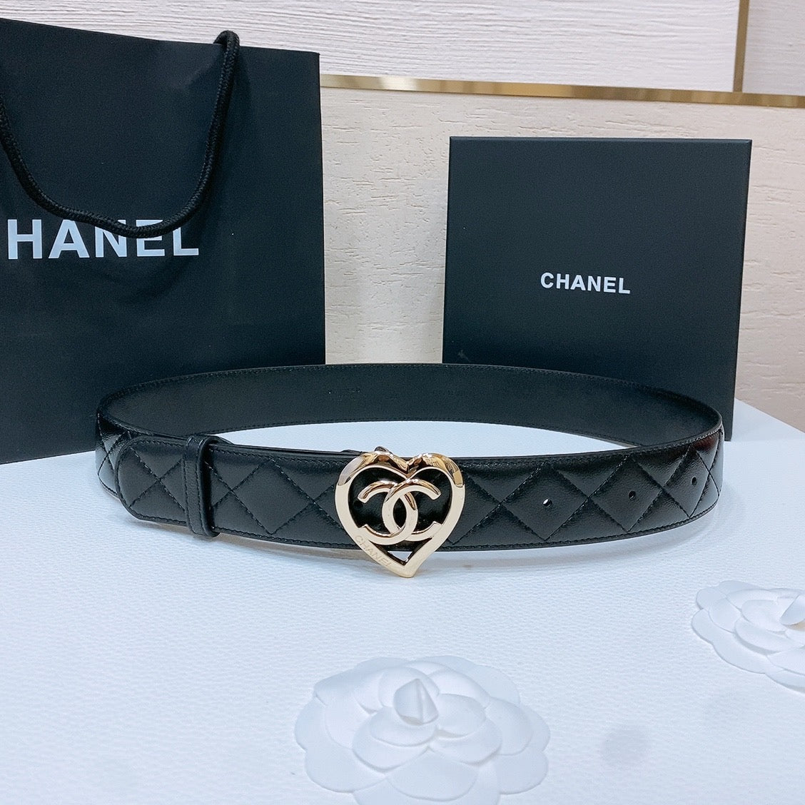 CHANEL DOUBLE C 38MM IN BLACK QUILTED LAMBSKIN GOLD HEART BUCKLE