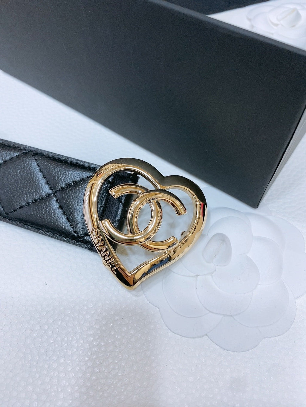 CHANEL DOUBLE C 38MM IN BLACK QUILTED LAMBSKIN GOLD HEART BUCKLE