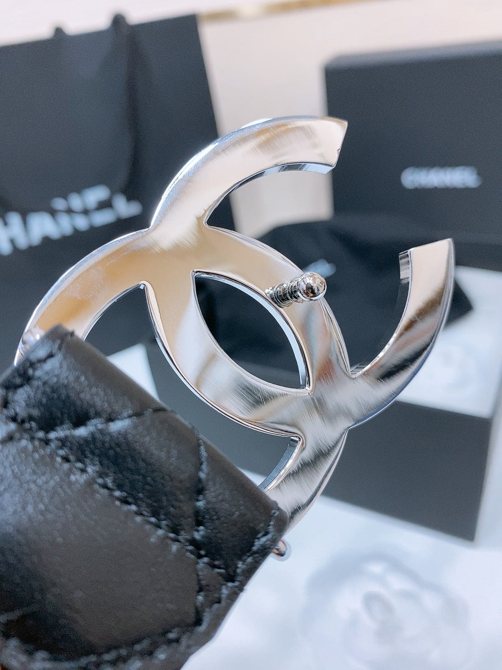 CHANEL DOUBLE C 38MM IN BLACK QUILTED LAMBSKIN SILVER BUCKLE