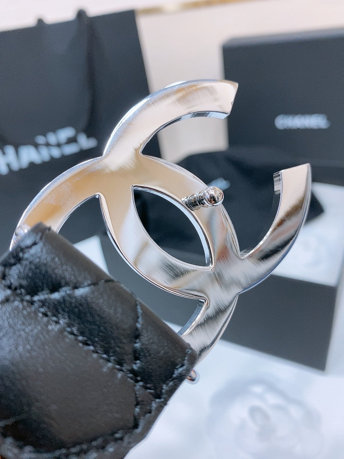 CHANEL DOUBLE C 38MM IN BLACK QUILTED LAMBSKIN SILVER BUCKLE