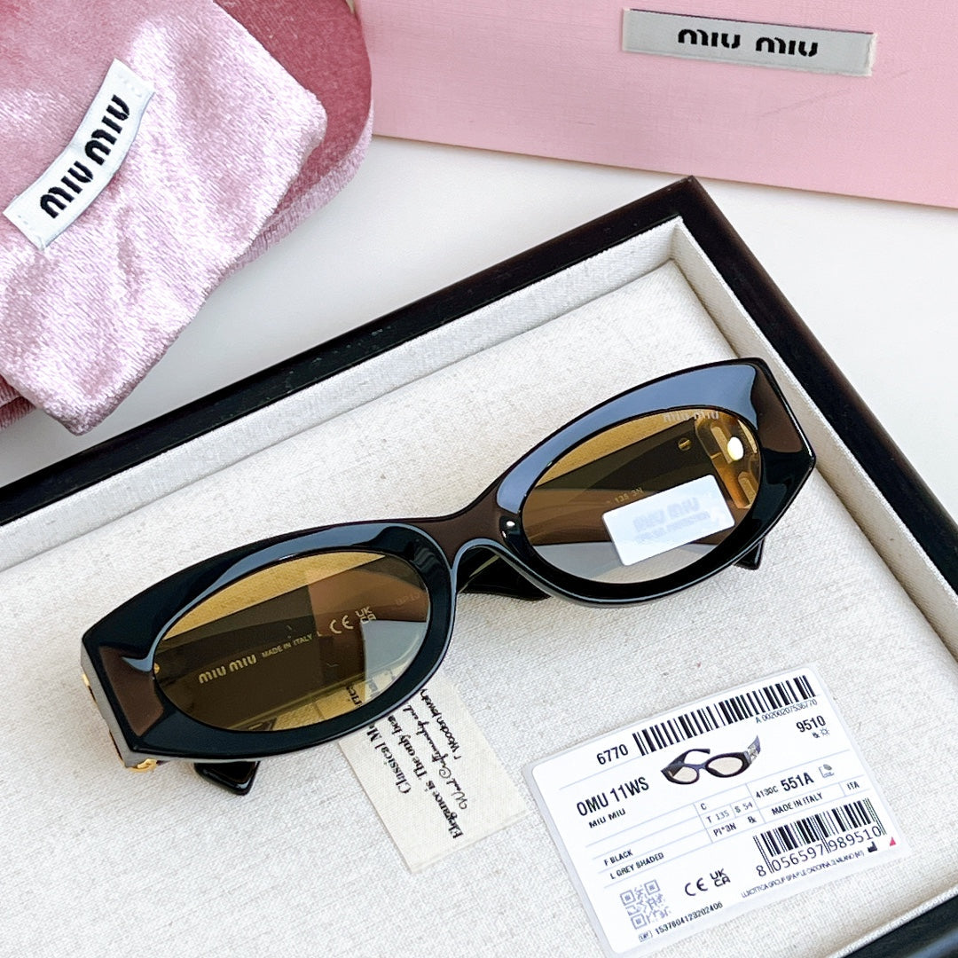MIU MIU LOGO SMU 11WS SUNGLASSES 575894 IN BLACK ACETATE BROWN LENS