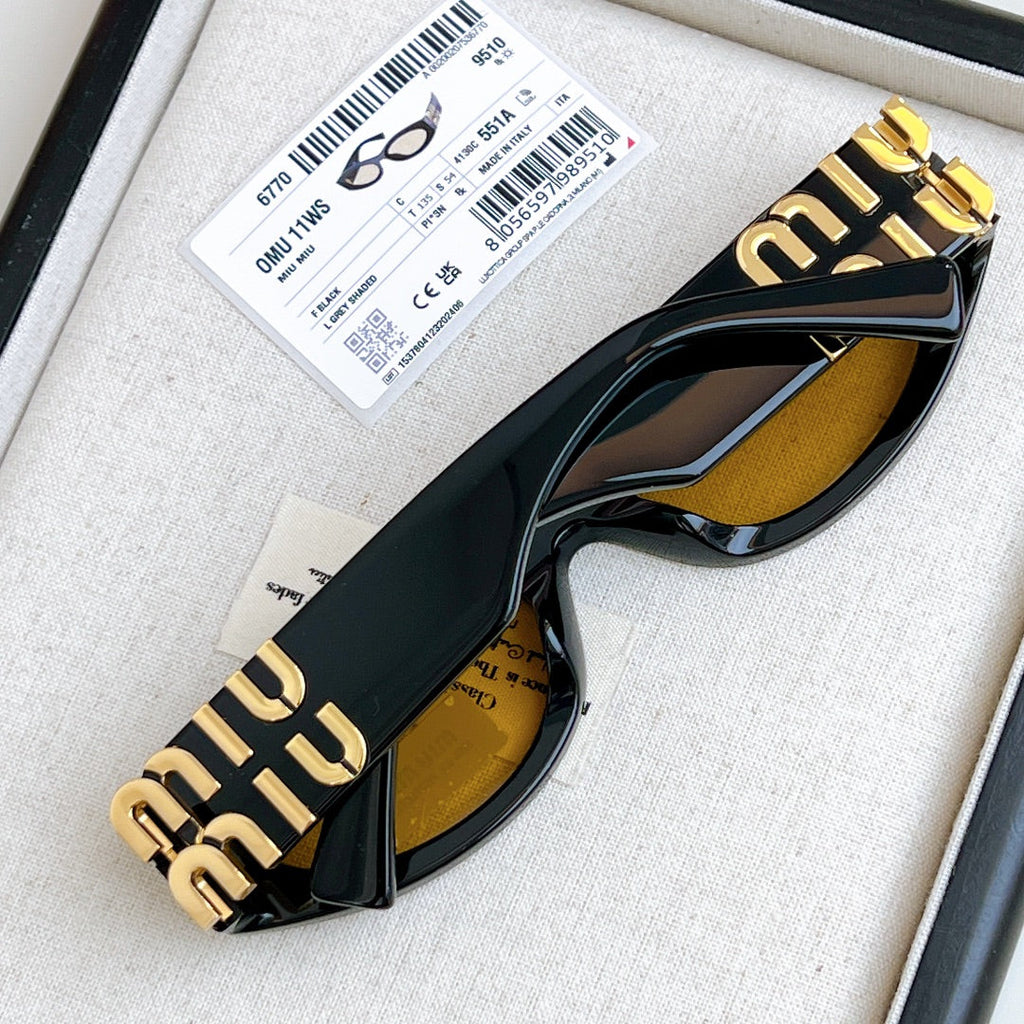MIU MIU LOGO SMU 11WS SUNGLASSES 575894 IN BLACK ACETATE BROWN LENS