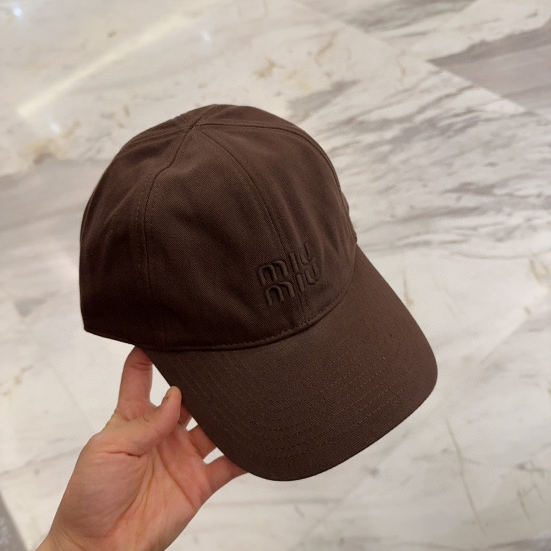 MIU MIU MM BASEBALL CAP IN DARK BROWN FABRIC EMBROIDERED LOGO STYLE 7