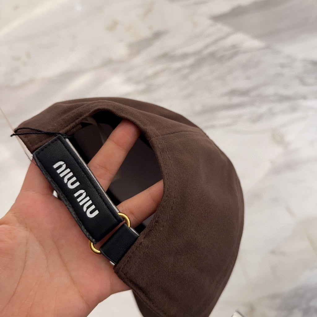 MIU MIU MM BASEBALL CAP IN DARK BROWN FABRIC EMBROIDERED LOGO STYLE 7