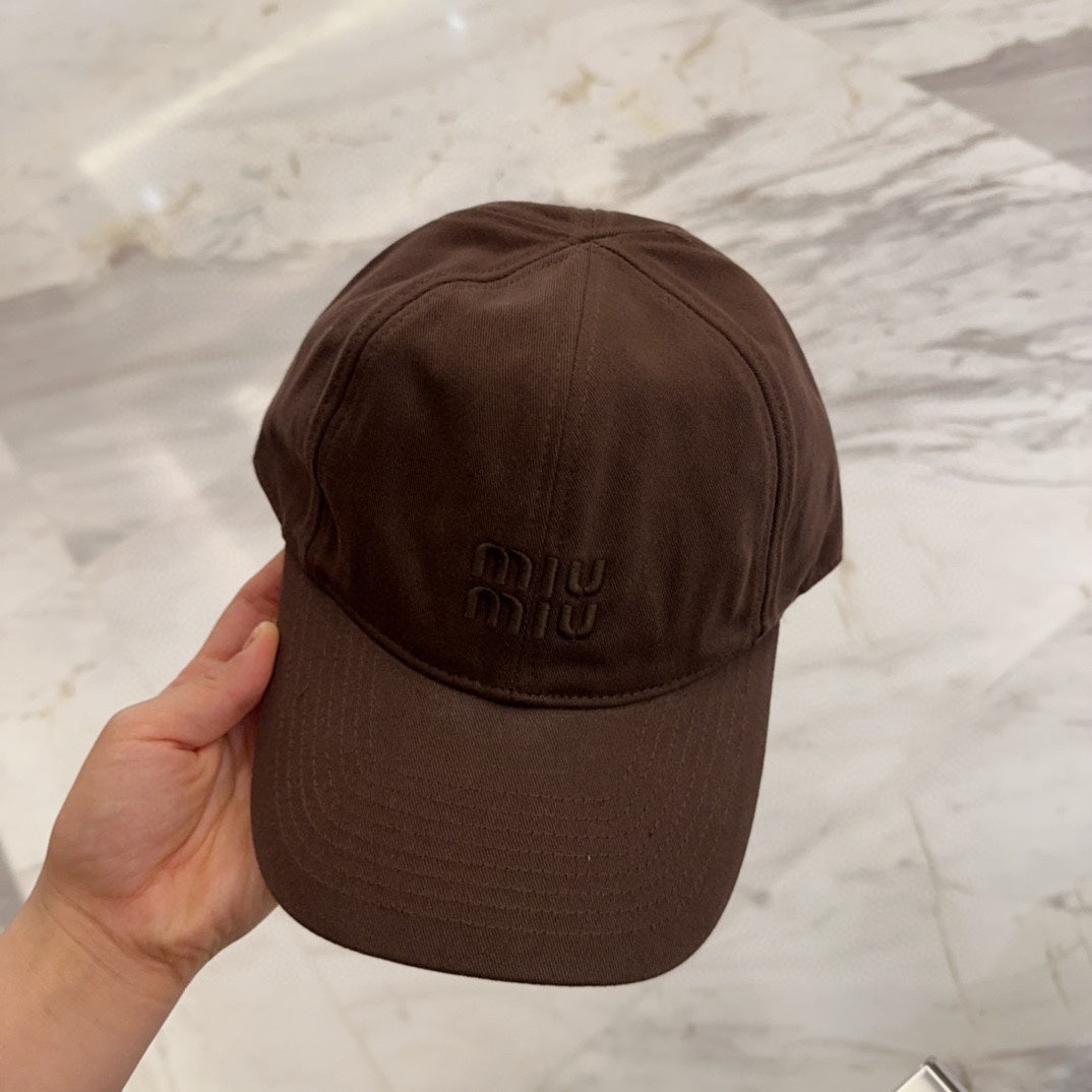 MIU MIU MM BASEBALL CAP IN DARK BROWN FABRIC EMBROIDERED LOGO STYLE 7