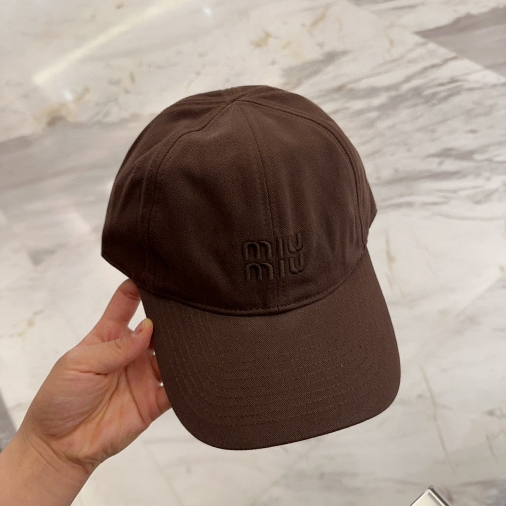 MIU MIU MM BASEBALL CAP IN DARK BROWN FABRIC EMBROIDERED LOGO STYLE 7