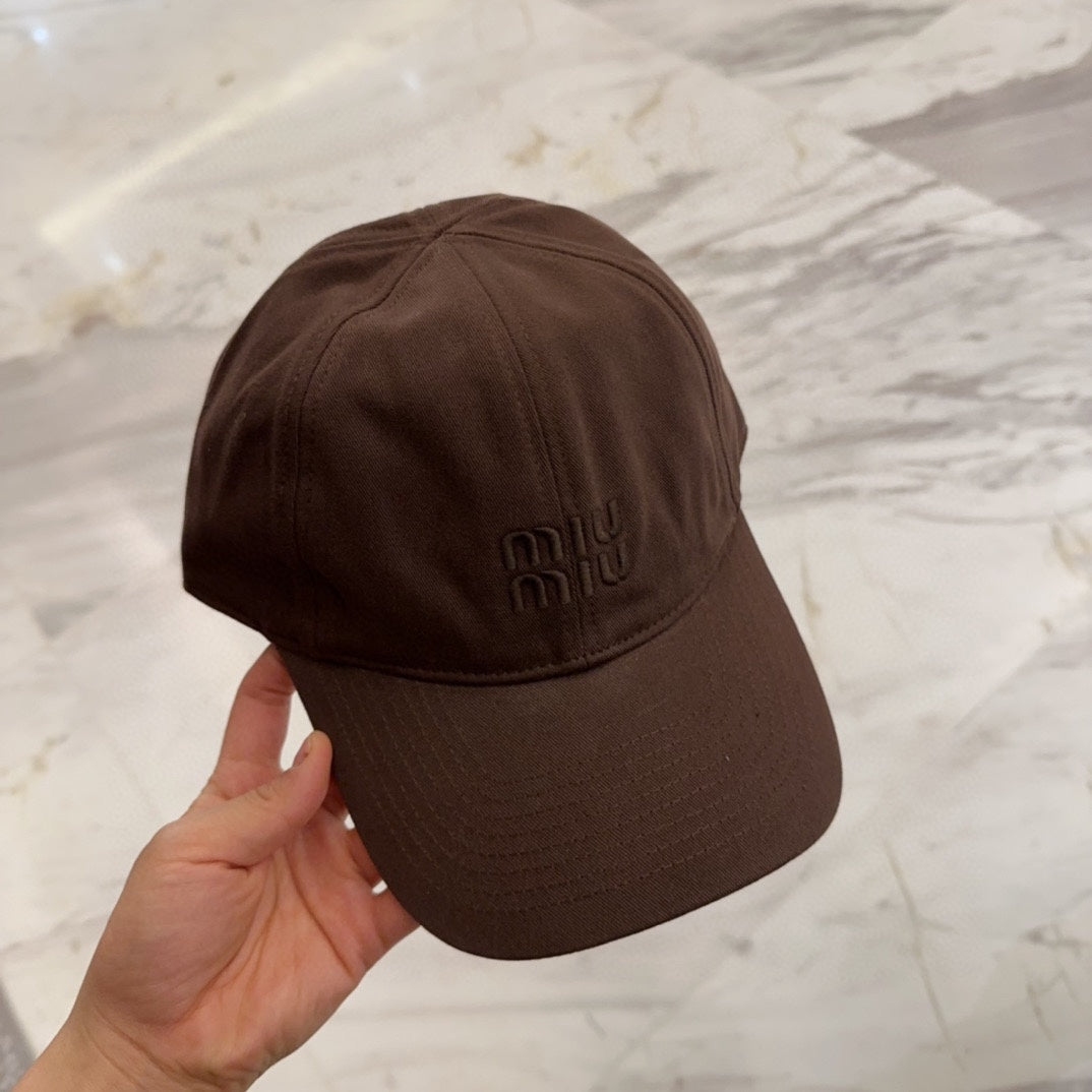 MIU MIU MM BASEBALL CAP IN DARK BROWN FABRIC EMBROIDERED LOGO STYLE 7