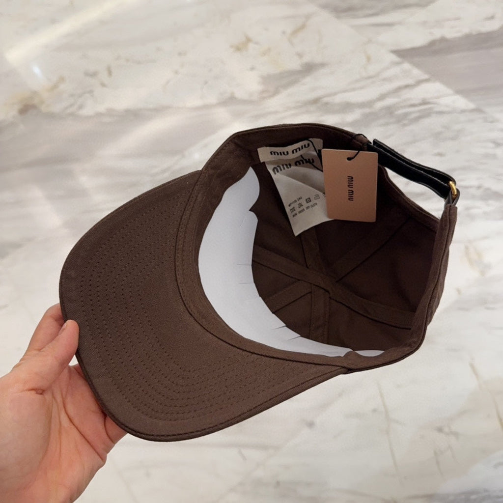MIU MIU MM BASEBALL CAP IN DARK BROWN FABRIC EMBROIDERED LOGO STYLE 7