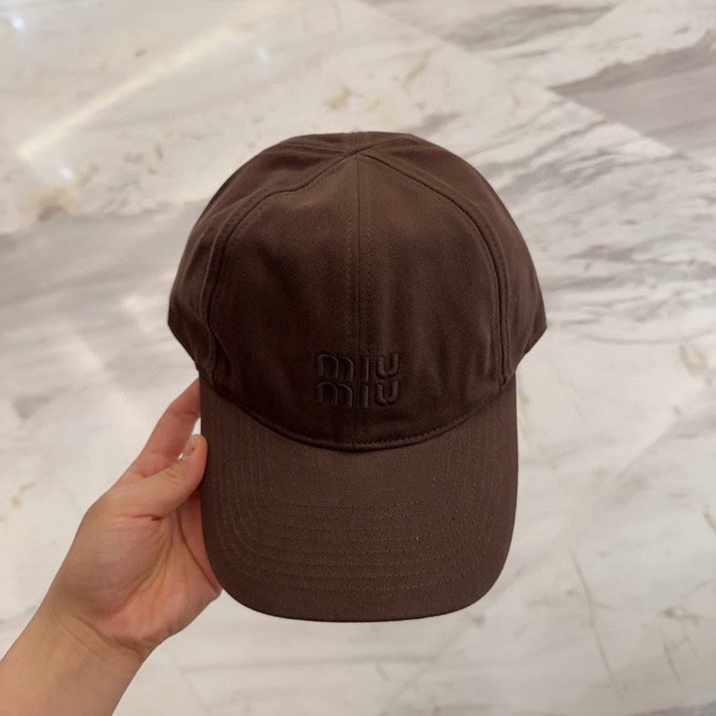 MIU MIU MM BASEBALL CAP IN DARK BROWN FABRIC EMBROIDERED LOGO STYLE 7