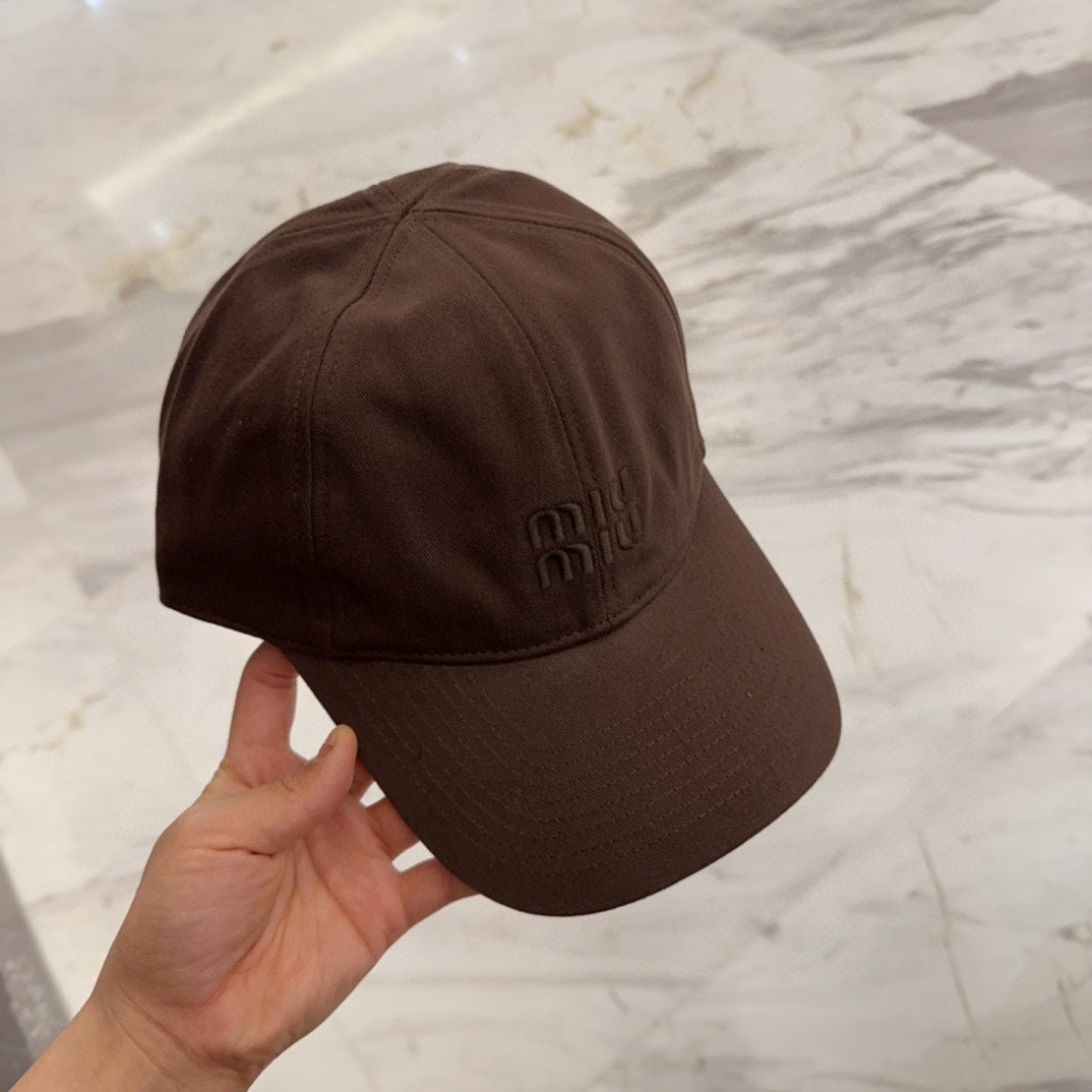 MIU MIU MM BASEBALL CAP IN DARK BROWN FABRIC EMBROIDERED LOGO STYLE 7