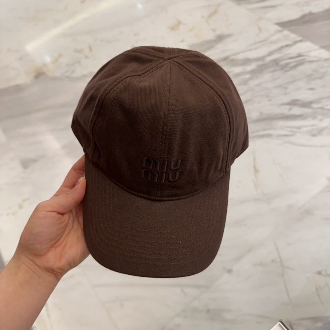 MIU MIU MM BASEBALL CAP IN DARK BROWN FABRIC EMBROIDERED LOGO STYLE 7