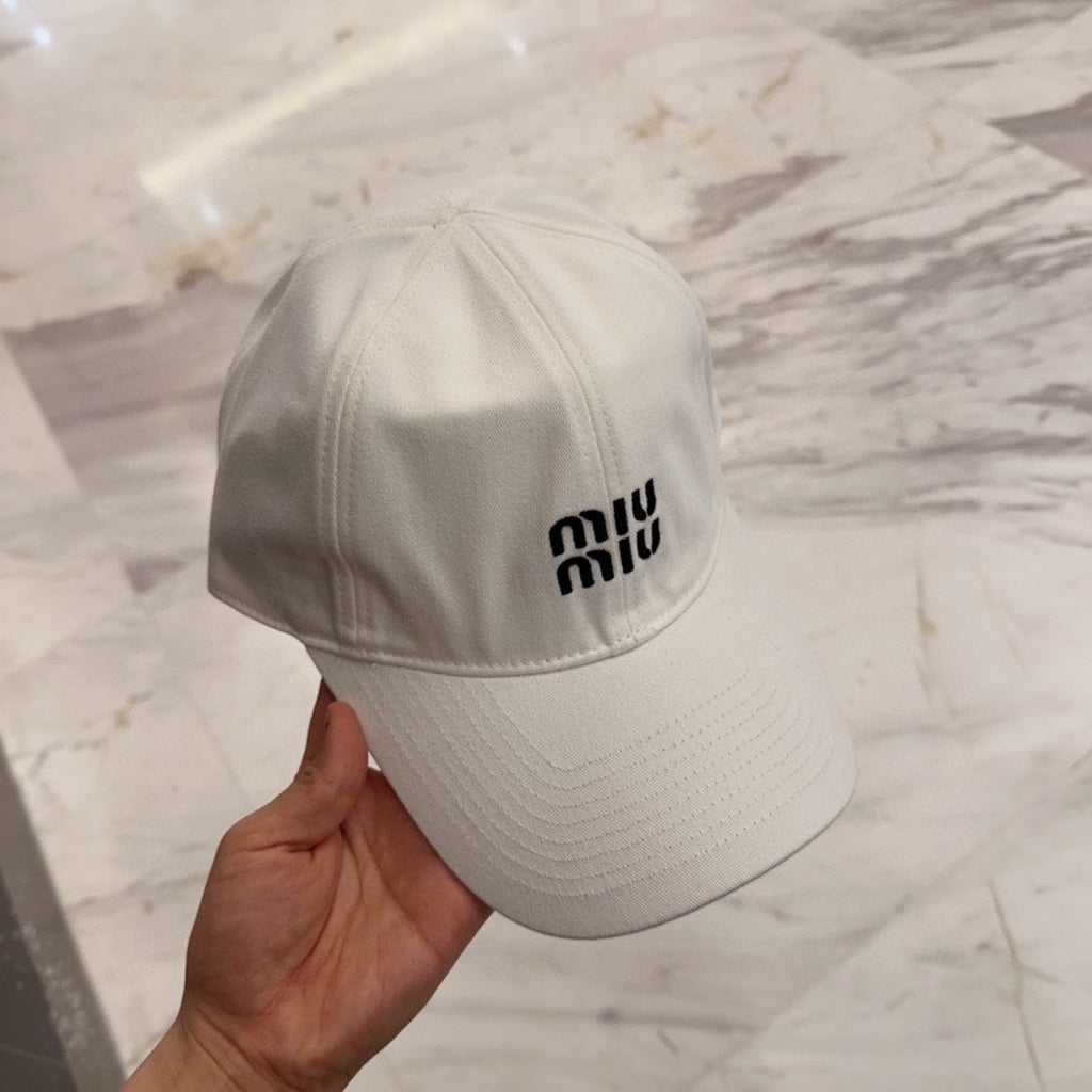 MIU MIU MM BASEBALL CAP IN WHITE FABRIC EMBROIDERED LOGO STYLE 3