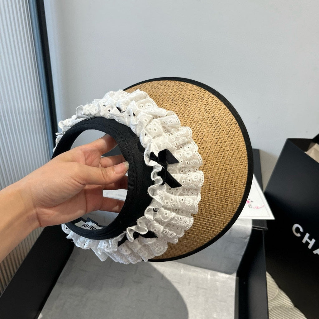 MIU MIU MM OPEN-TOP STRAW HAT IN BEIGE MIX WHITE EYELET FABRIC