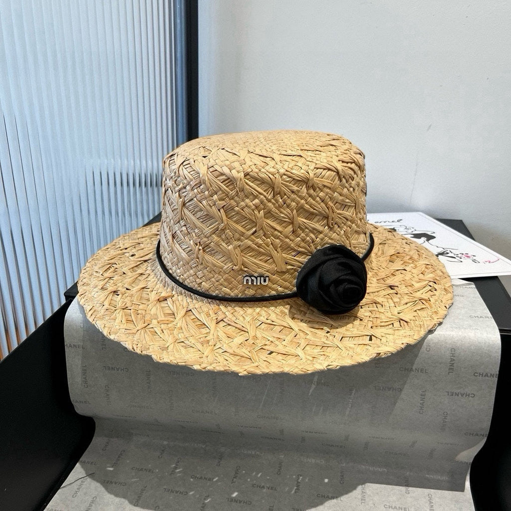 MIU MIU MM STRAW HAT IN BEIGE RAFFIA WITH BLACK FLOWER ACCENT