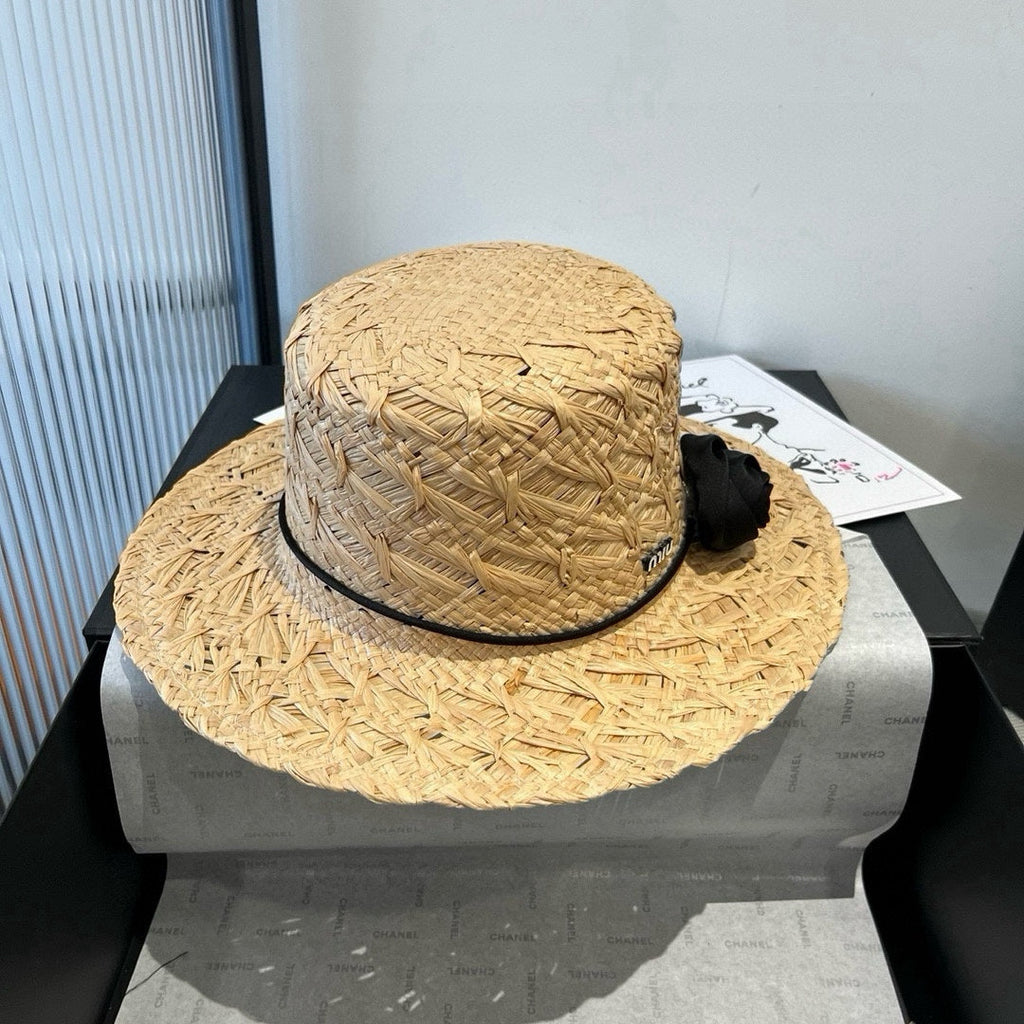 MIU MIU MM STRAW HAT IN BEIGE RAFFIA WITH BLACK FLOWER ACCENT