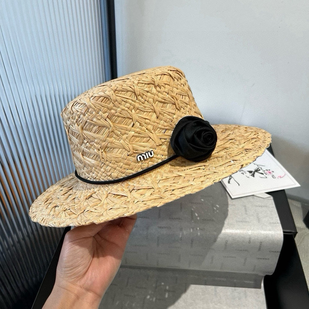 MIU MIU MM STRAW HAT IN BEIGE RAFFIA WITH BLACK FLOWER ACCENT