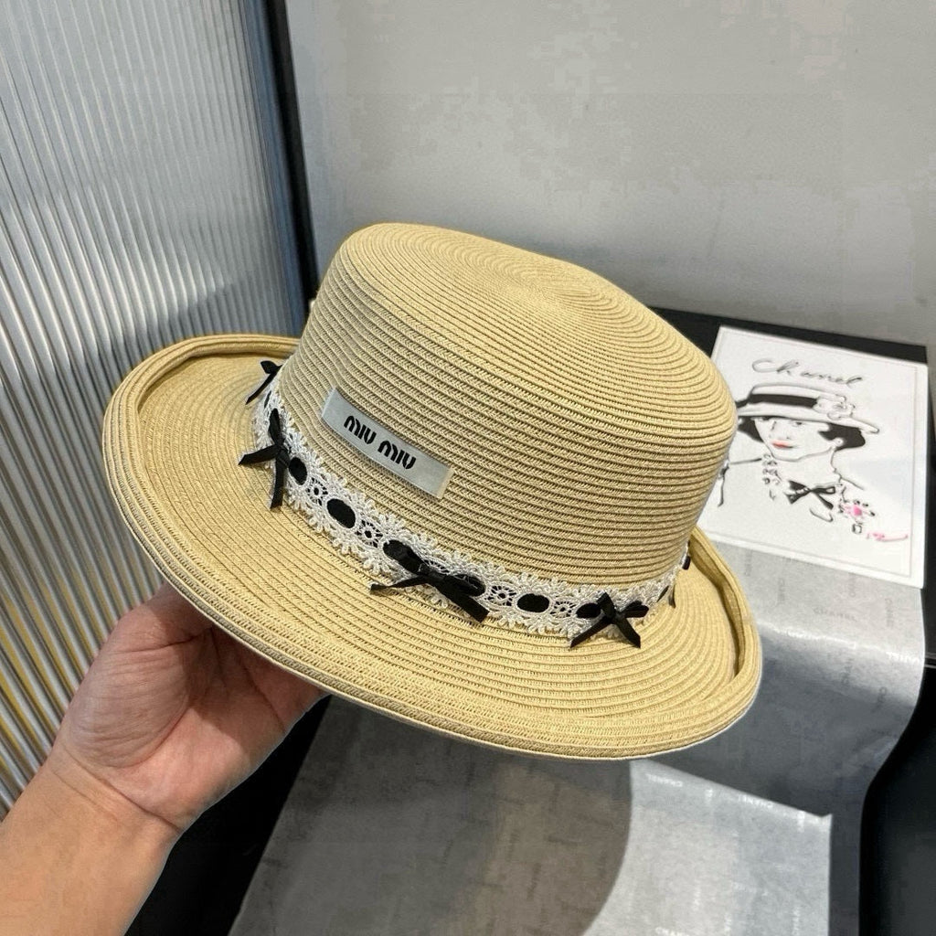MIU MIU MM SMALL BRIM CURVED STRAW HAT IN BEIGE