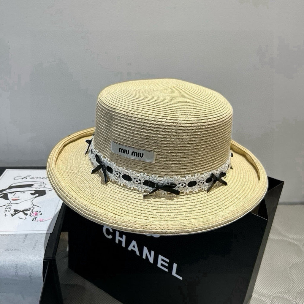 MIU MIU MM SMALL BRIM CURVED STRAW HAT IN BEIGE