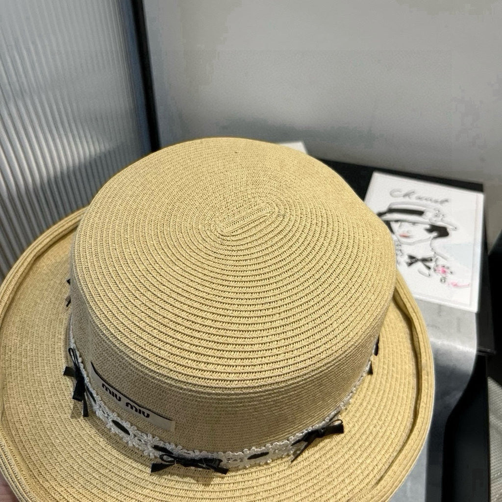 MIU MIU MM SMALL BRIM CURVED STRAW HAT IN BEIGE
