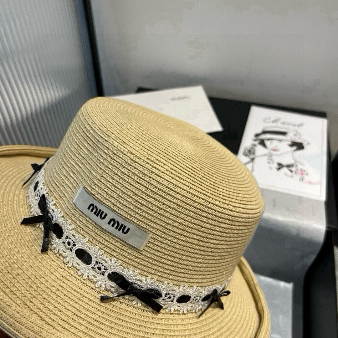 MIU MIU MM SMALL BRIM CURVED STRAW HAT IN BEIGE