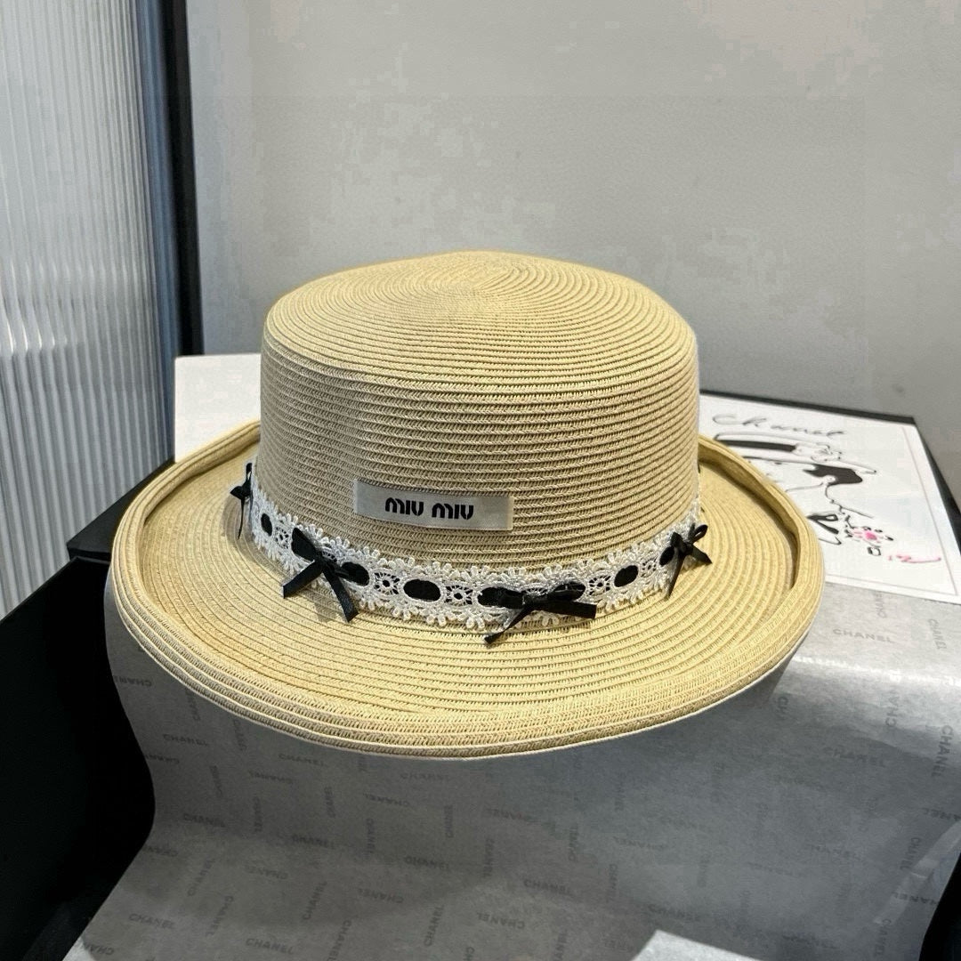 MIU MIU MM SMALL BRIM CURVED STRAW HAT IN BEIGE