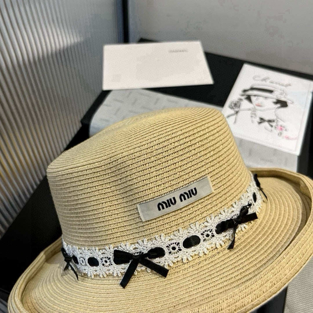 MIU MIU MM SMALL BRIM CURVED STRAW HAT IN BEIGE