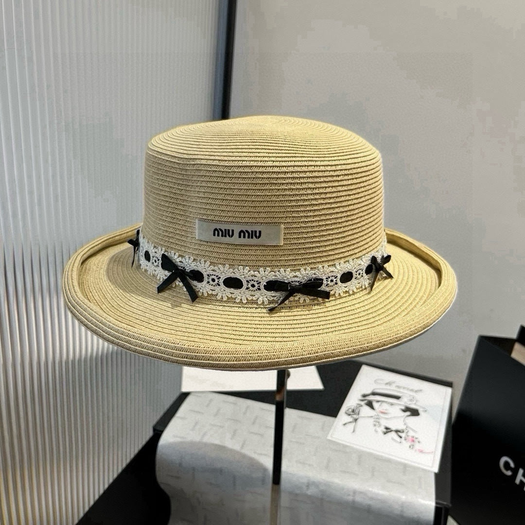 MIU MIU MM SMALL BRIM CURVED STRAW HAT IN BEIGE