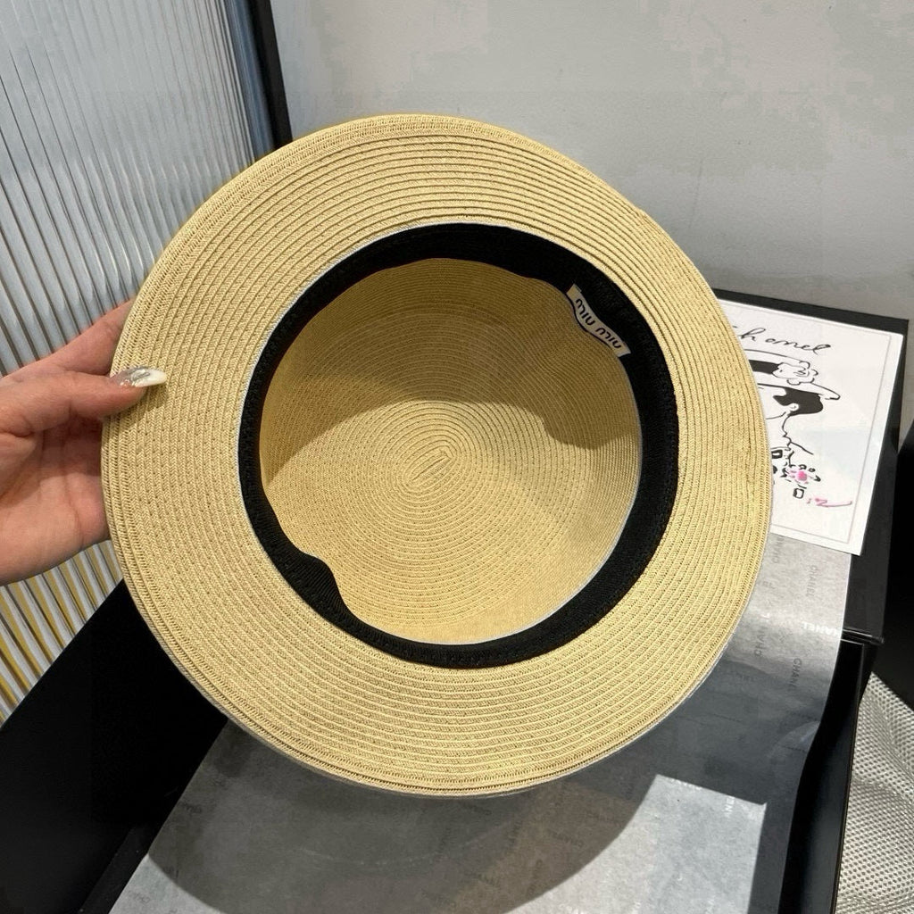 MIU MIU MM SMALL BRIM CURVED STRAW HAT IN BEIGE
