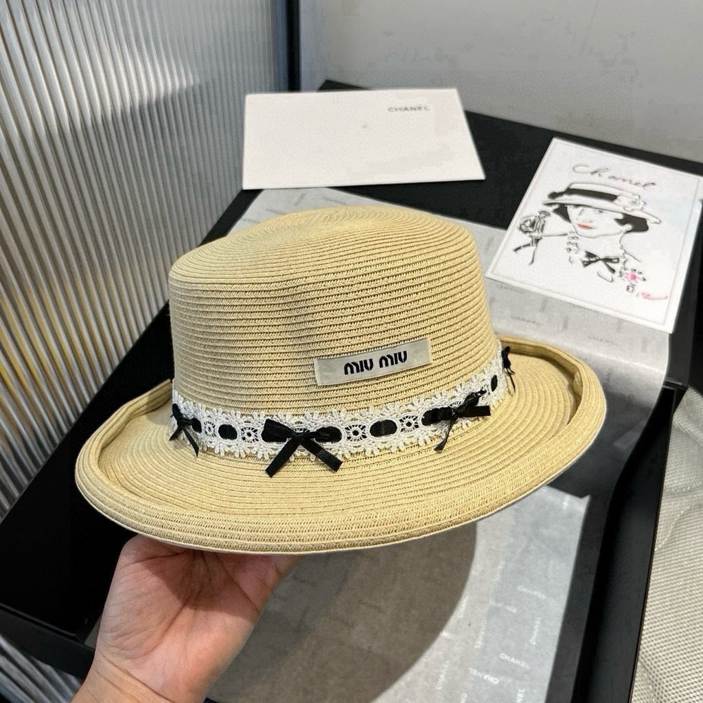 MIU MIU MM SMALL BRIM CURVED STRAW HAT IN BEIGE