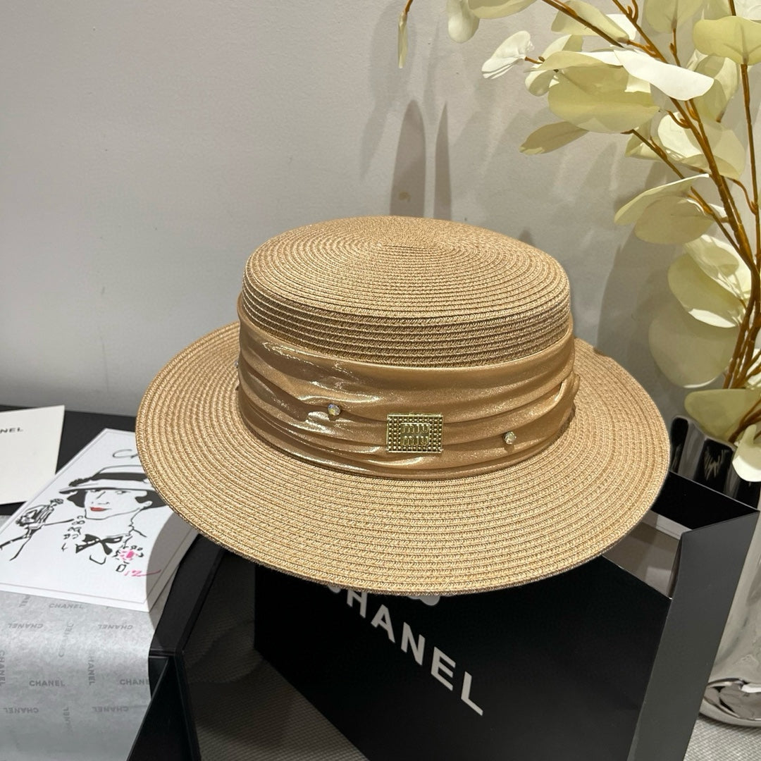 MIU MIU MM STRAW HAT IN BEIGE WITH RHINESTONE EMBELLISHED
