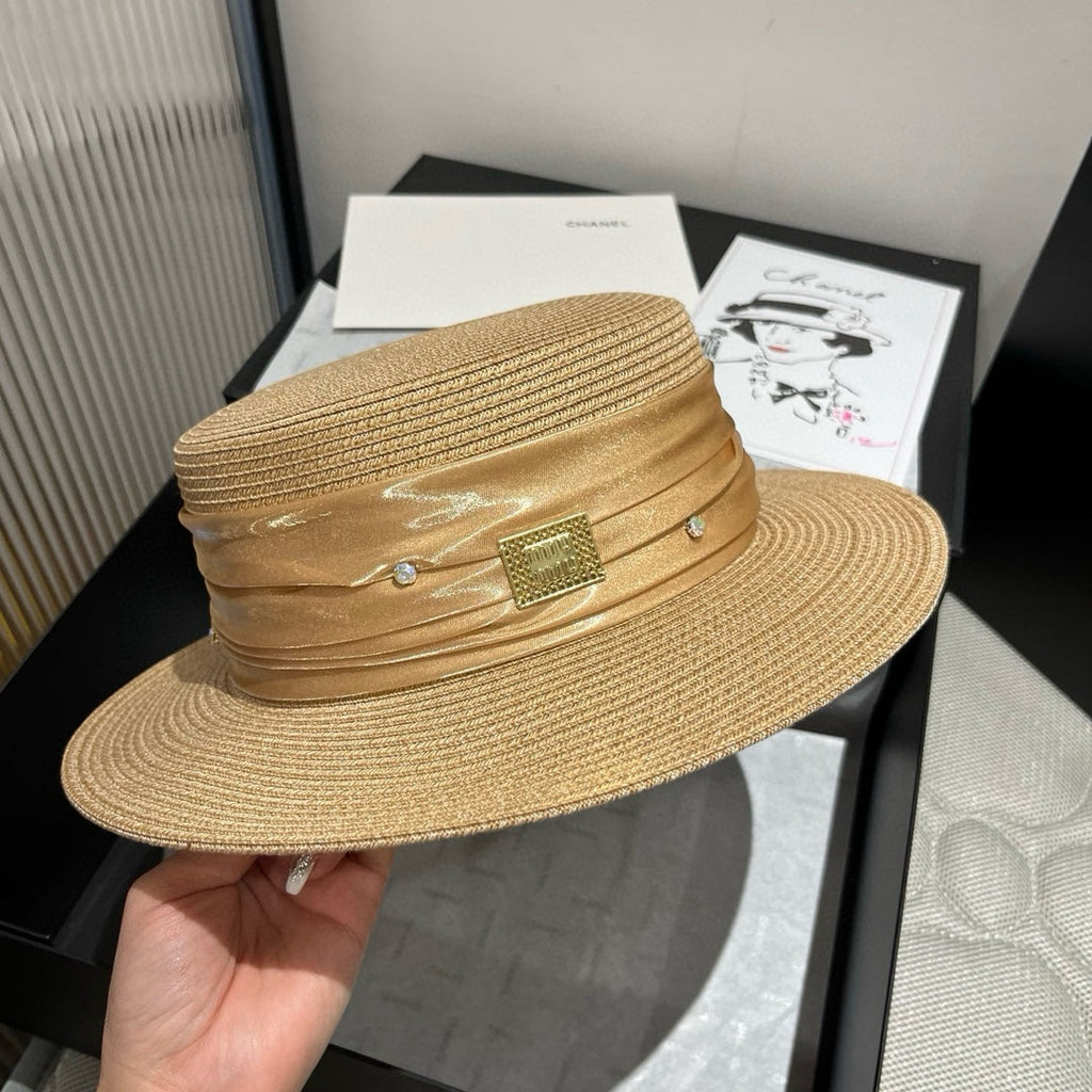 MIU MIU MM STRAW HAT IN BEIGE WITH RHINESTONE EMBELLISHED