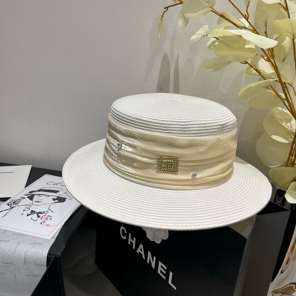 MIU MIU MM STRAW HAT IN WHITE WITH RHINESTONE EMBELLISHED
