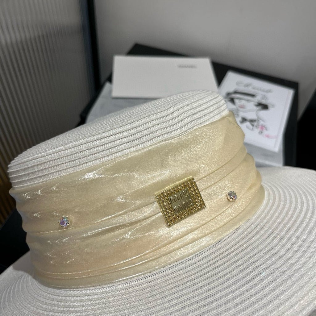 MIU MIU MM STRAW HAT IN WHITE WITH RHINESTONE EMBELLISHED