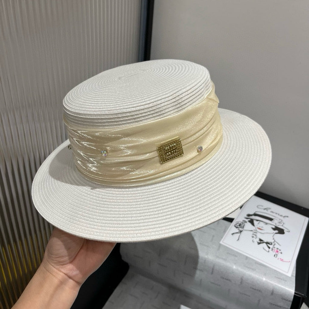 MIU MIU MM STRAW HAT IN WHITE WITH RHINESTONE EMBELLISHED
