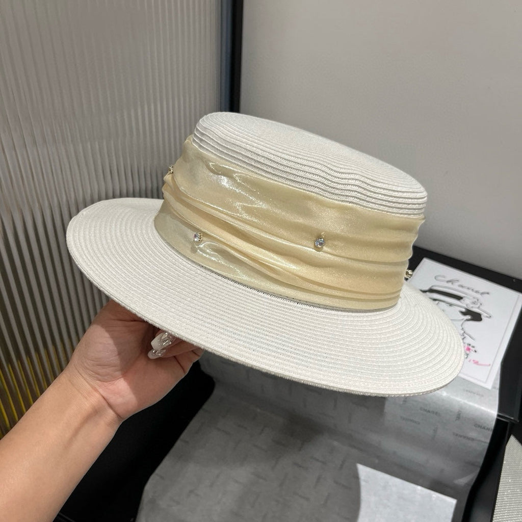 MIU MIU MM STRAW HAT IN WHITE WITH RHINESTONE EMBELLISHED