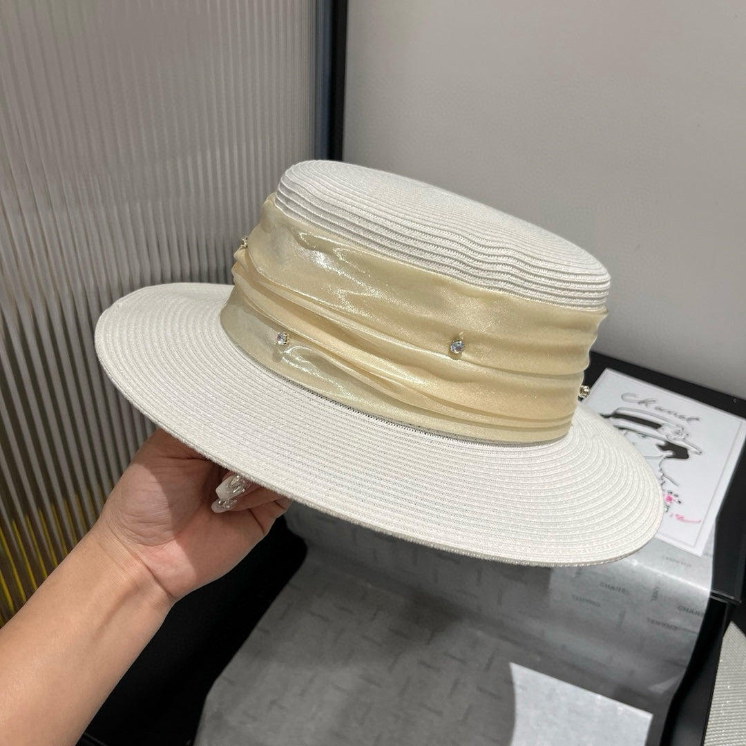 MIU MIU MM STRAW HAT IN WHITE WITH RHINESTONE EMBELLISHED