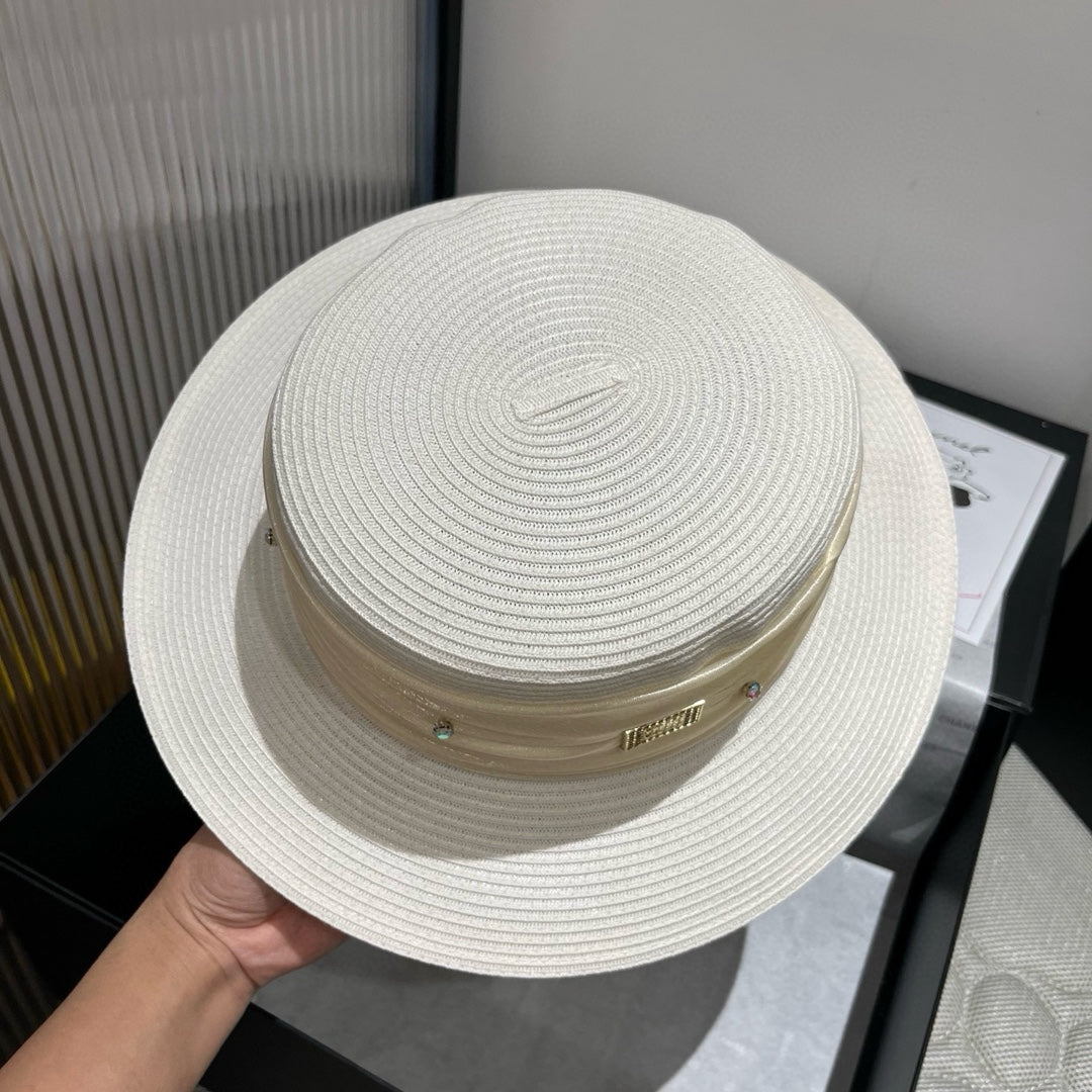 MIU MIU MM STRAW HAT IN WHITE WITH RHINESTONE EMBELLISHED