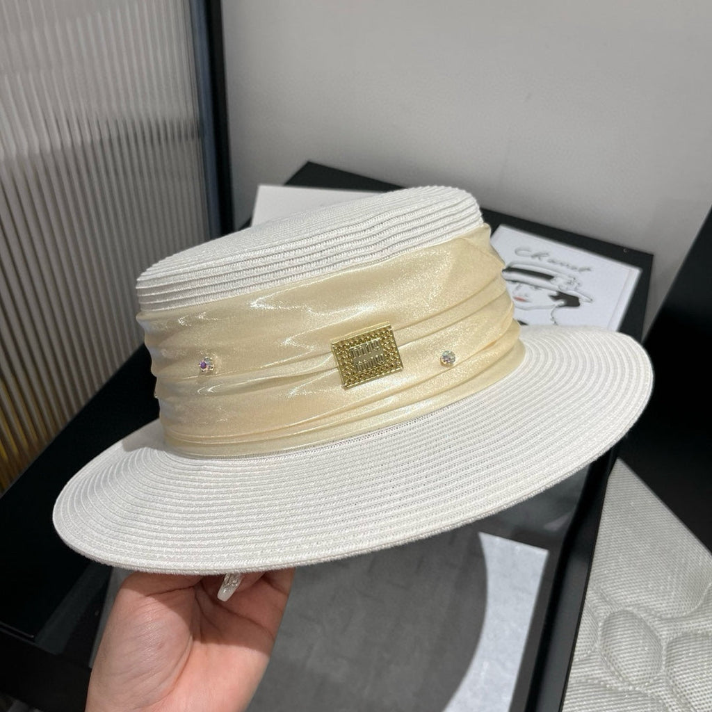 MIU MIU MM STRAW HAT IN WHITE WITH RHINESTONE EMBELLISHED