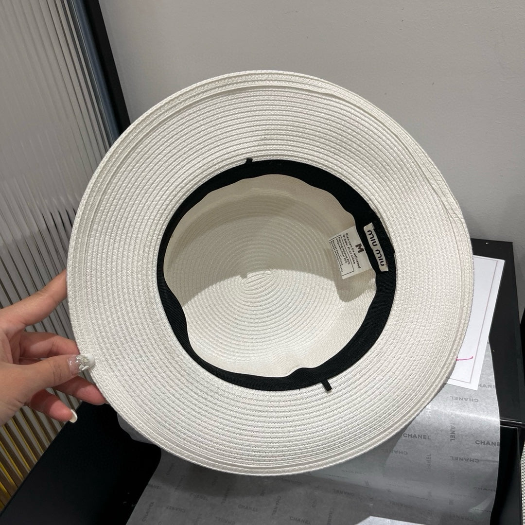 MIU MIU MM STRAW HAT IN WHITE WITH RHINESTONE EMBELLISHED