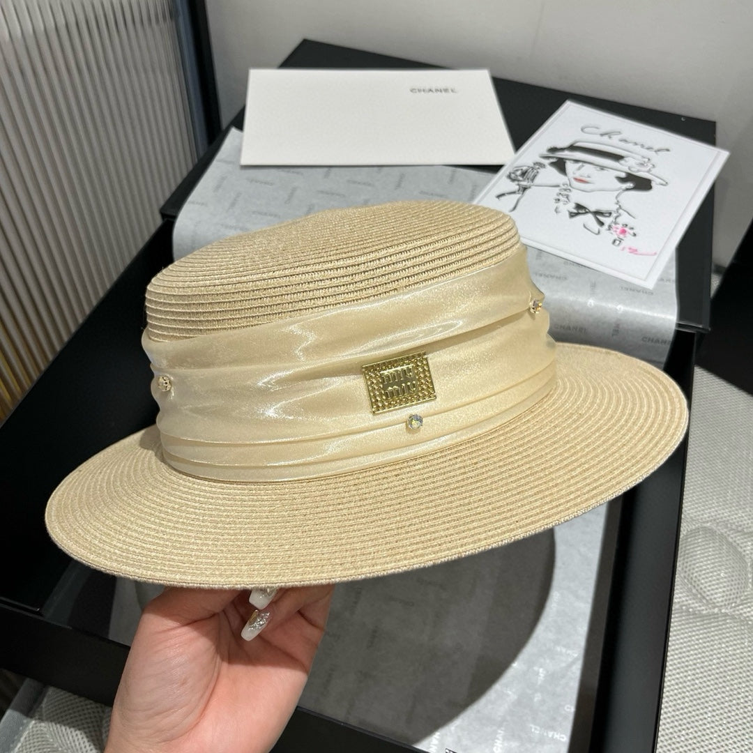 MIU MIU MM STRAW HAT IN LIGHT BEIGE WITH RHINESTONE EMBELLISHED