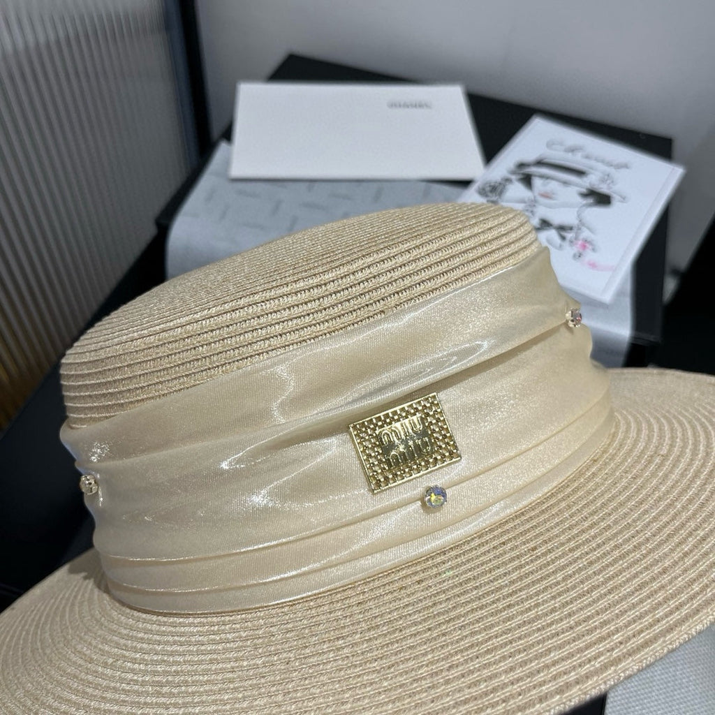 MIU MIU MM STRAW HAT IN LIGHT BEIGE WITH RHINESTONE EMBELLISHED