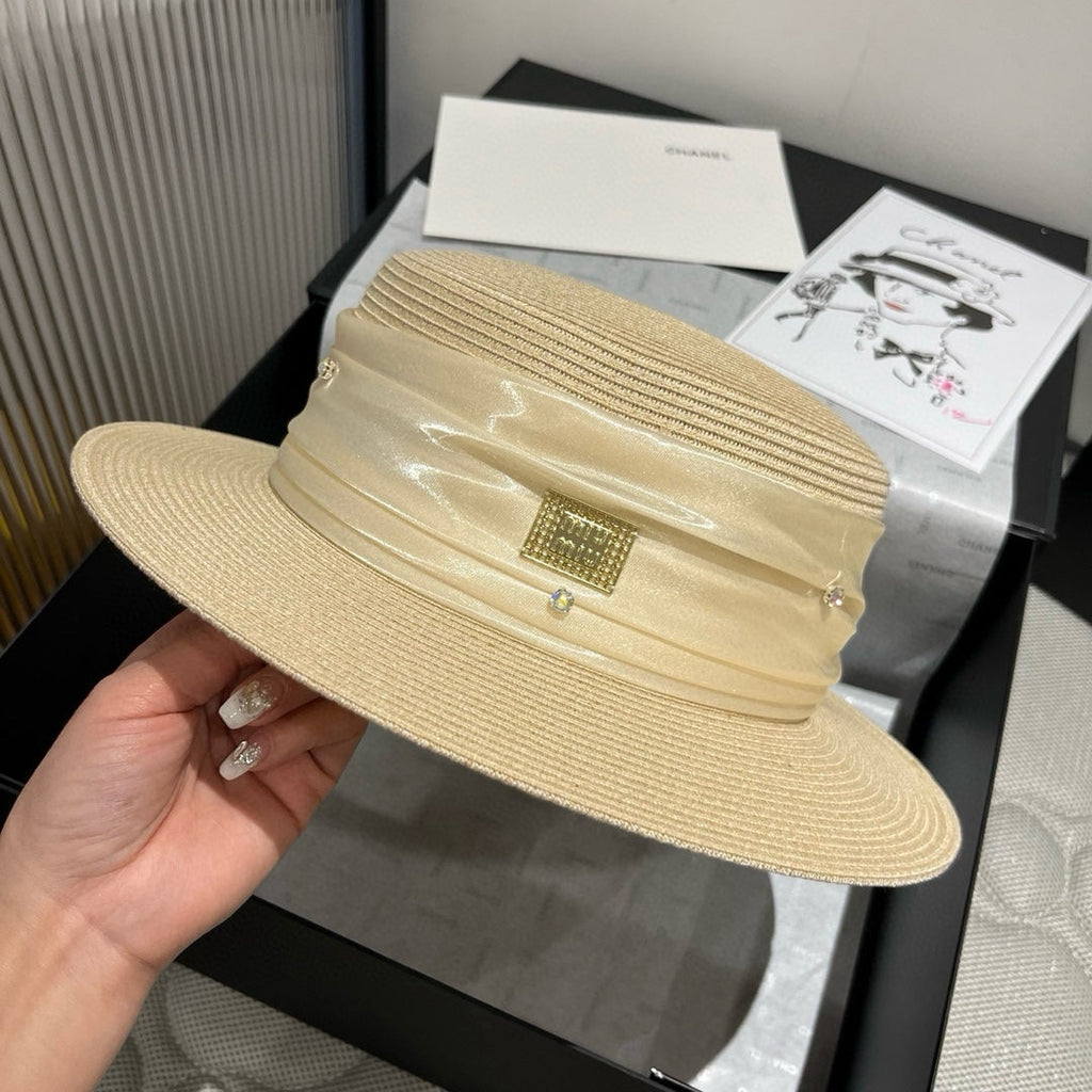 MIU MIU MM STRAW HAT IN LIGHT BEIGE WITH RHINESTONE EMBELLISHED