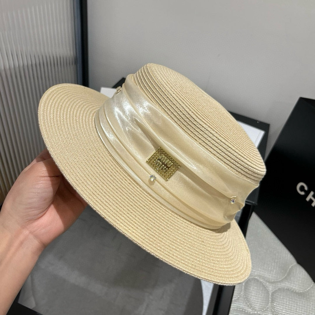 MIU MIU MM STRAW HAT IN LIGHT BEIGE WITH RHINESTONE EMBELLISHED