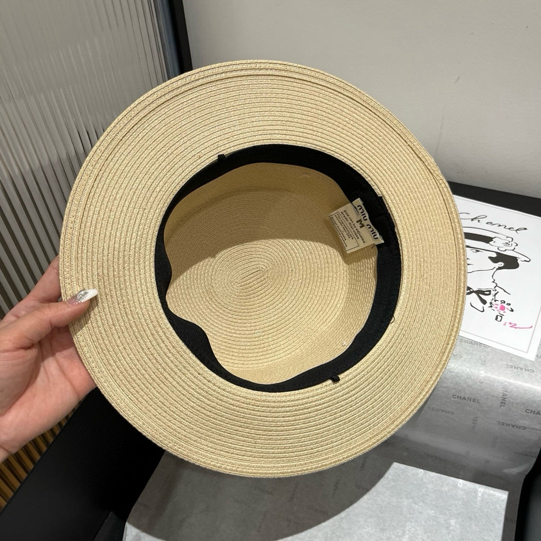 MIU MIU MM STRAW HAT IN LIGHT BEIGE WITH RHINESTONE EMBELLISHED