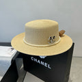 CHANEL FLAT STRAW HAT WITH BOW BROWN 673922