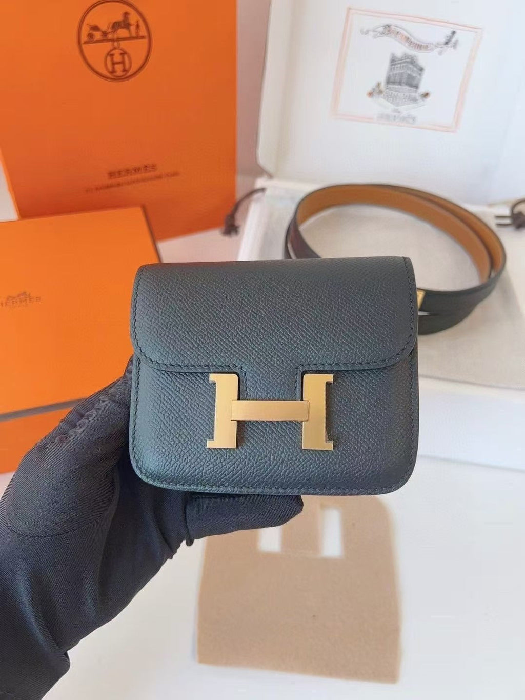 HERMES KELLY CONSTANCE SLIM WALLET BELT IN BLACK CALFSKIN GOLD HARDWARE