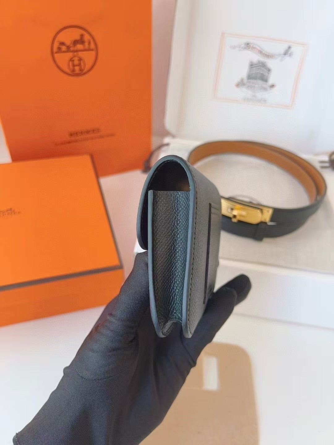 HERMES KELLY CONSTANCE SLIM WALLET BELT IN BLACK CALFSKIN GOLD HARDWARE