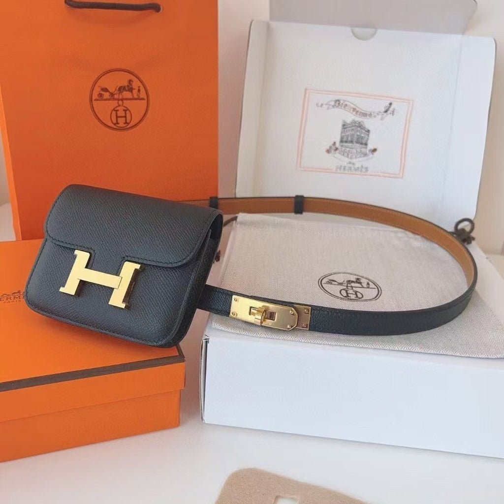 HERMES KELLY CONSTANCE SLIM WALLET BELT IN BLACK CALFSKIN GOLD HARDWARE